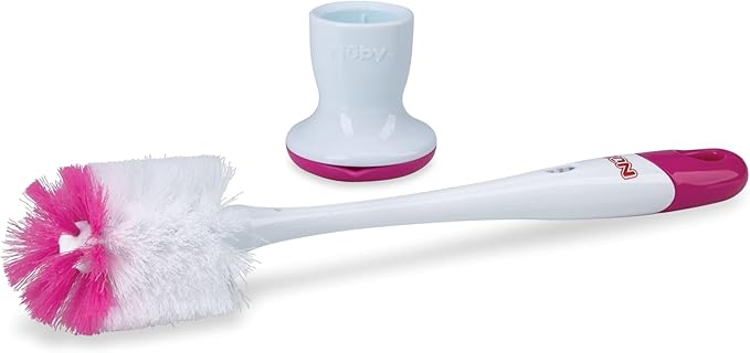 Nuby Bottle and Nipple Brush with Soft Bristles and Stand| 2 Pack: Pink & Lime Green| Bottle & Nipple Accessory Cleaning Brush with Drying Stand
