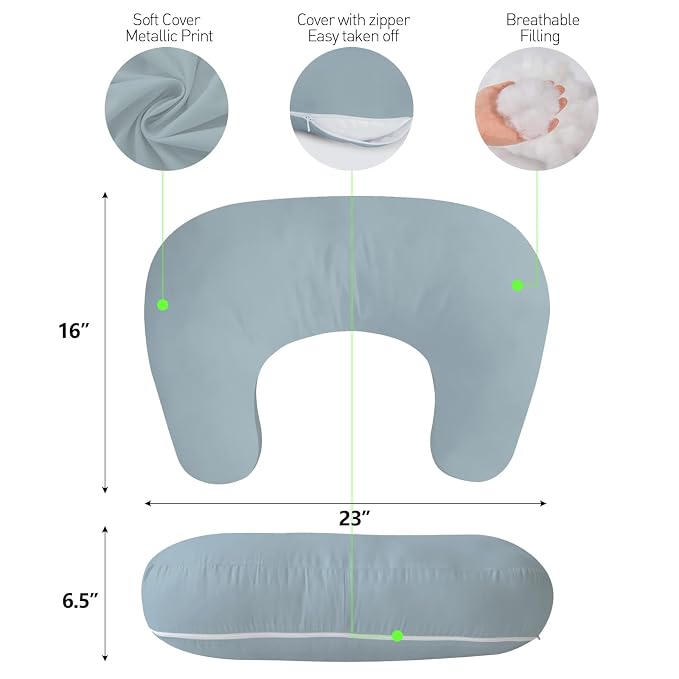 Plushii U-Shaped Nursing Pillow with Washable Cover,Blue | Ergonomic U-shaped breastfeeding support pillow for mom and baby, featuring a soft, breathable and washable cover