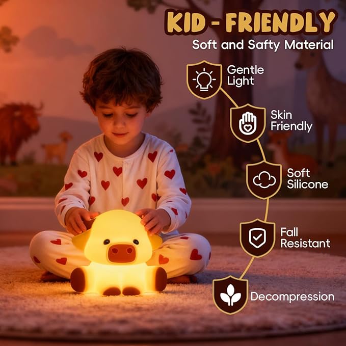 Highland Cow Night Light for Kids, Squishy Touch Control Rechargeable Dimmable Lamp with Timer, Cute Animal Nursery Night Light Boys and Girls Room Decor Gifts