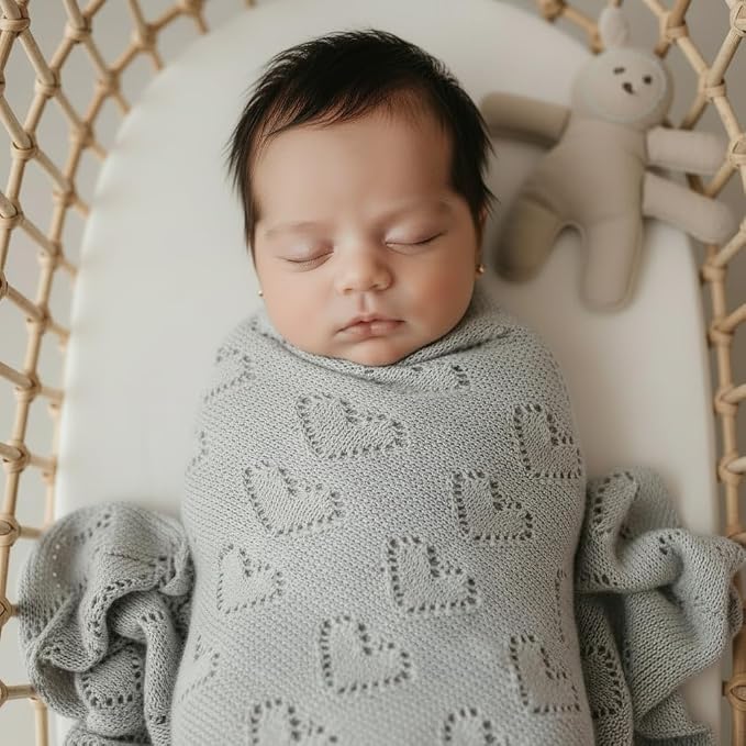 Heirloom Knit Heart Receiving Unisex Blanket for Boys and Girls - 100% Luxury Cotton Baby Blanket - Soft Warm Swaddle Receiving Blanket for Newborns Infants & Toddlers (Dove Grey)