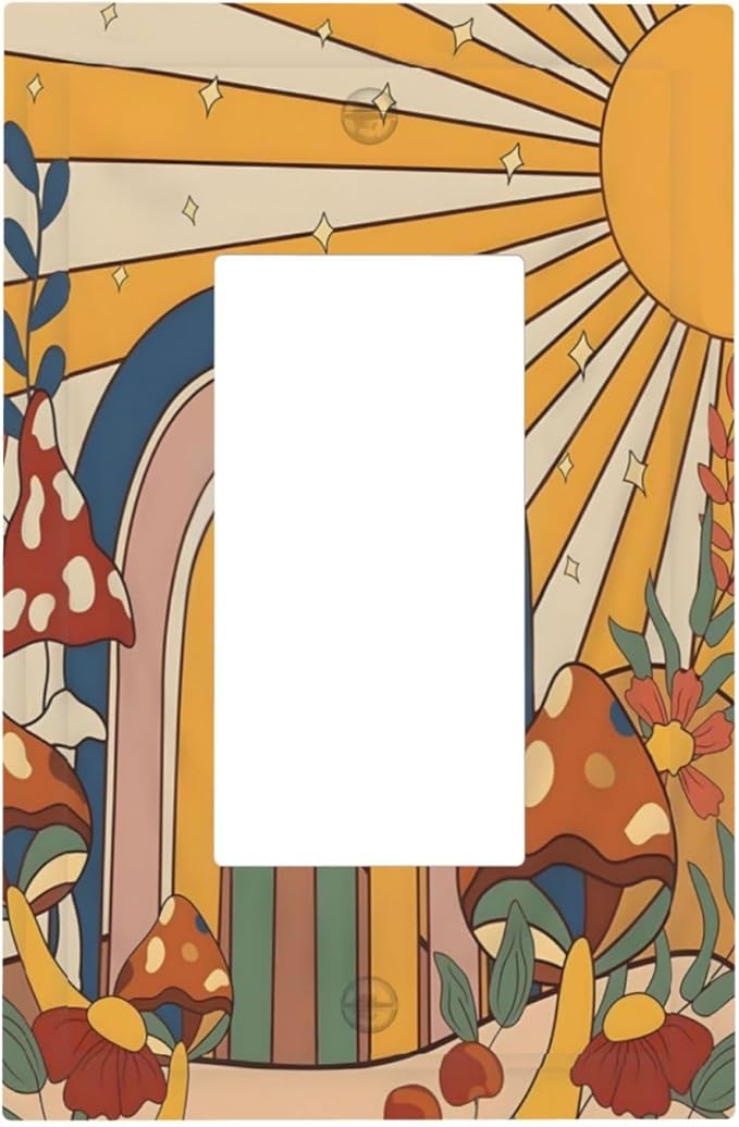 Boho Sun Rainbow Mushroom Hippie Vintage Floral Decorative Outlet Covers 1 Gang Single Rocker Light Switch Cover Plate Wall Plates GFCI Faceplate for Kids Room Nursery Decor