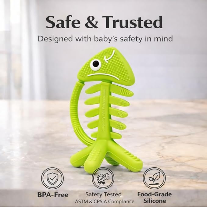 3 in 1 Infant Toys, Baby Teething Toys 3?? 6??2 Months, Teethers for Babies 0??????2 Months for Teething Relief, Baby Gift, Baby Teether Toys, Silicone Sensory Toys, USA Patent Pending, Fish (Green)