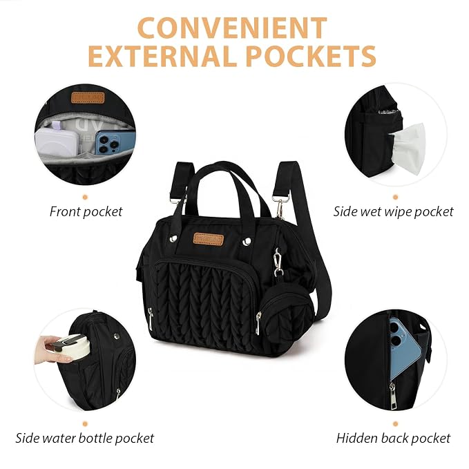 FHELAD Small Diaper Bag Backpack, Toddler Diaper Bags Waterproof Multi-Function Newborn Baby Stylish Mini Tote Maternity Bags (Black with Pacifier Case)