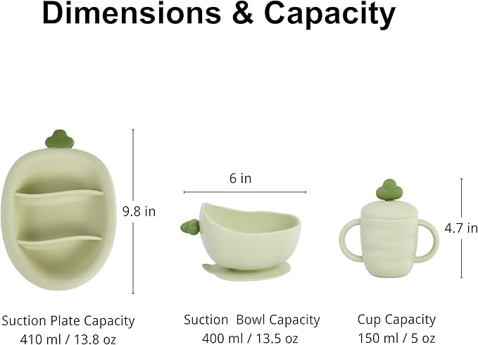 Silicone Baby Feeding Gift Set ??Suction Plate, Bowl, Training Cup, Fork, Spoon & Bib (6-Piece) (Matcha Green)