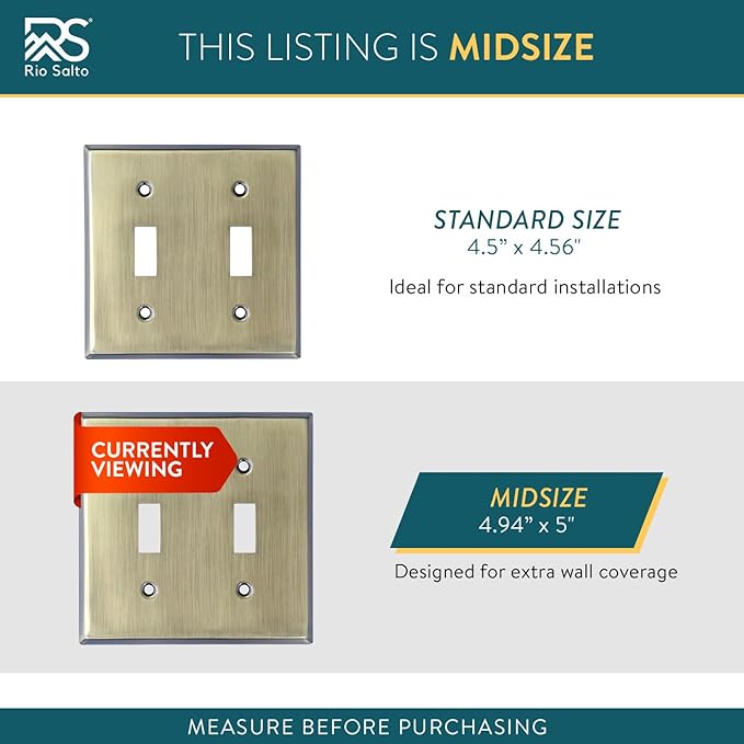 Rio Salto BRASS Signature Collection Double Toggle Metal Antique Gold Light Switch Cover MIDSIZE Mid Size Toggle Switch Vintage Matte Togle (Toggle, 2-Gang)
