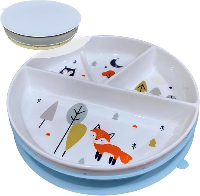Divided Ceramic Toddler Plate With Silicone Lid And Non-Slip Base, Non-Toxic Porcelain Dish For Babies And Kids, Microwave And Dishwasher Safe, 8 Inch, animal design, Sky Mist
