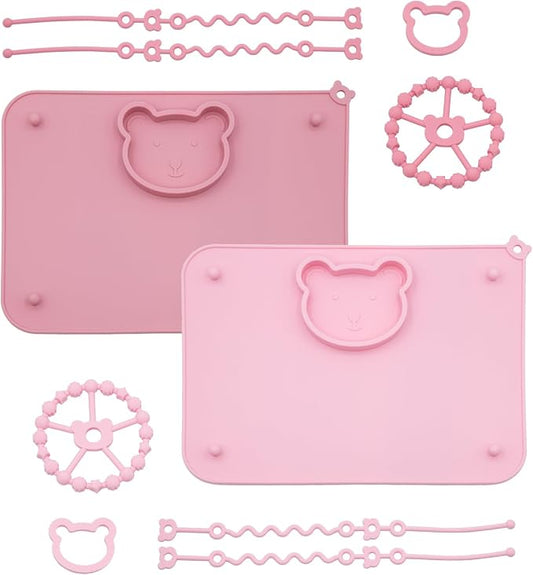 2 Pack Baby Silicone Mat with Suction Base and 4 Stretchable Straps, 6 Strong Suction Cups, Baby Placemats, Activity Mat for Infants to Toddlers, Keeps Babies Essentials Off The Floor Purple Pink