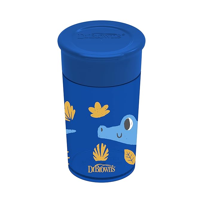 Dr. Brown's Milestones Cheers 360 Spoutless Transition Cup, Travel Friendly and Leak Free Sippy for Babies and Toddlers, Blue Animals, BPA-Free, 10 oz/300 mL, 9m+, 1-Pack