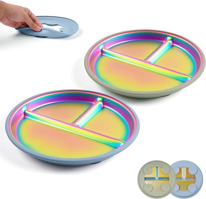 Goldusk Stainless Steel Baby Plates with Suction, 2pcs 9" Rainbow Kids Plates BPA-Free with Removable Food-Grade Silicone Base Baby Dishes Toddler Plates with Dividers, Blue & Green