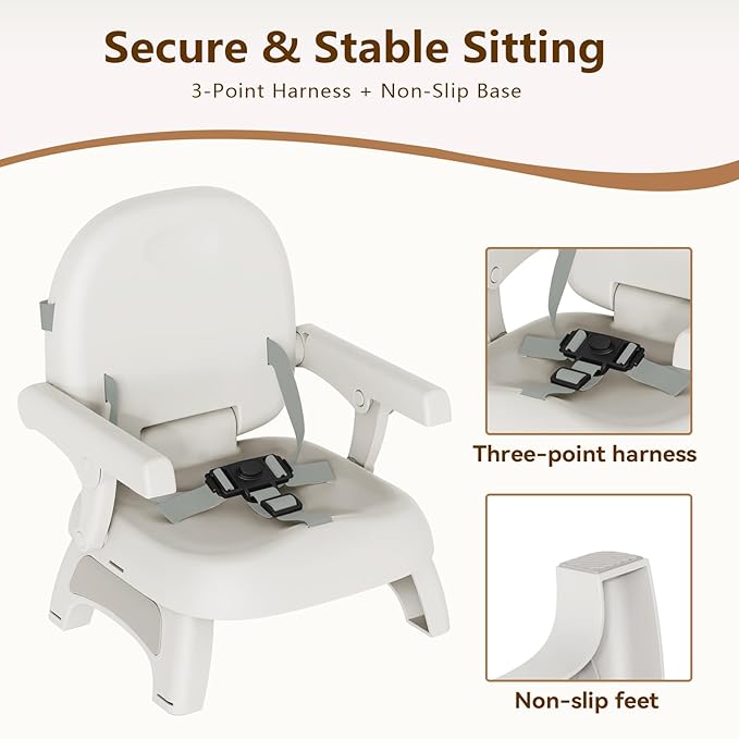 Booster Seat for Kitchen Chair, 3-in-1 Foldable & Portable Booster Seat with Tray, Extra Dishwasher-Safe Tray, Safety Straps for 6??8M (Up to 30 lbs), for Dining Table, Travel & Camping, Gray
