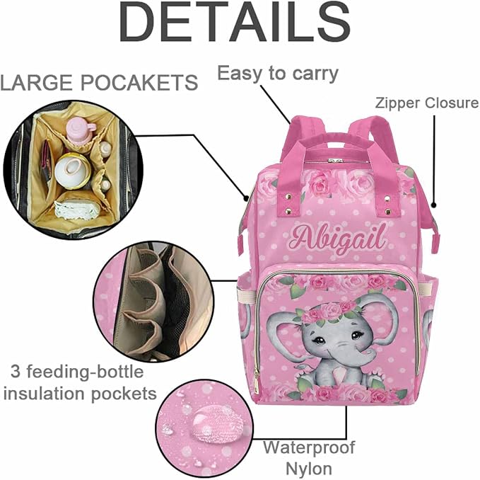 M YESCUSTOM Customized Bags Custom Pink Flower Diaper Bag Backpack with Name Personalized Multifunction Nappy Mommy Bags