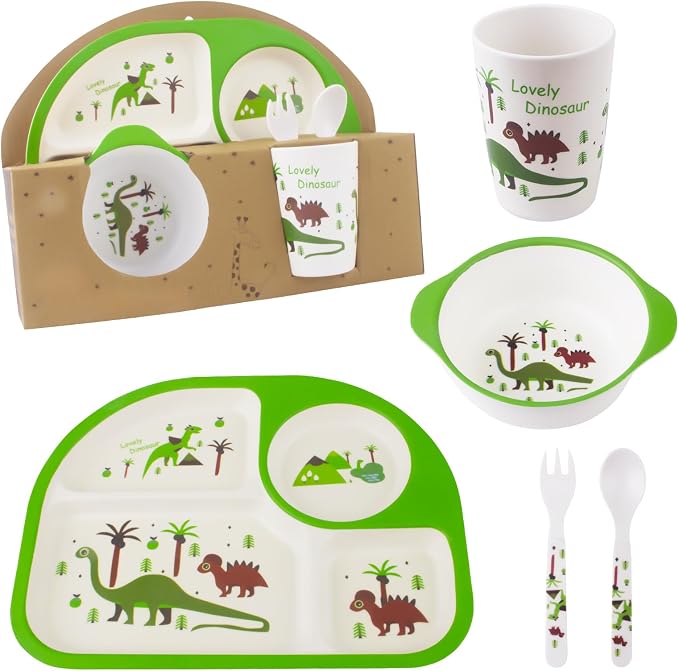Kids Feeding Set 5 Pcs, Dinosaur Tableware Set for Toddlers, Includes Plate, Bowl, Cup, Fork & Spoon, BPA Free, Multicolor (Green, Brown, Orange), Dishwasher Safe