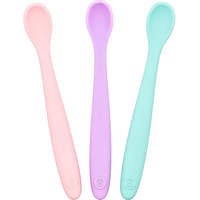 WeeSprout Silicone Baby Spoons - First Stage Infant Feeding Utensils With Soft-Tip, Bendable Kitchenware for Parent & Self-Feeding, Ultra-Durable, Dishwasher Safe, Travel Case, Set of 3