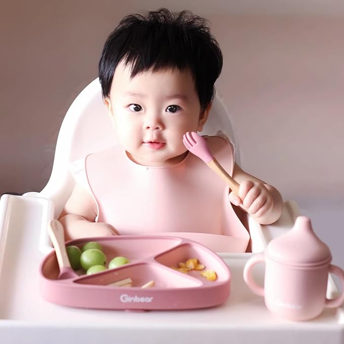 Ginbear Silicone Baby Spoons and Forks Self-feeding 12-18 Months, Soft-Tip Baby Flatware Sets, Toddler Feeding Utensils for Child, 4 Piece Set (Hazy Green/Almond)