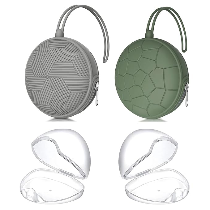 Smlpuame 4 Pack Pacifier Holder Case Set,2 Silicone Portable Pacifier Cover Pouch Bag for Diaper Bags Baby Carriage with 2 Transparent Pacifier Storage Container Box,Easy to Clean,(Green & Grey)