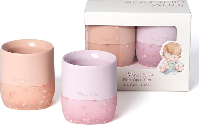 Moonkie Silicone Baby Cups 4 Months+ | Tiny Open Training Cups for Infants with Confetti Sprinkles | Baby-Led Weaning Essential | 2 oz (Blush/Soft Lilac, 2 Pack)