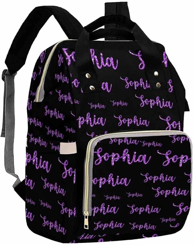 Artsadd Personalized Diaper Bag with Name, Customized Purple Glitter Monogram Nappy Backpack with Thermal Pockets Multi-function Baby Bags Handbag Shoulder Bag for Girls Boys