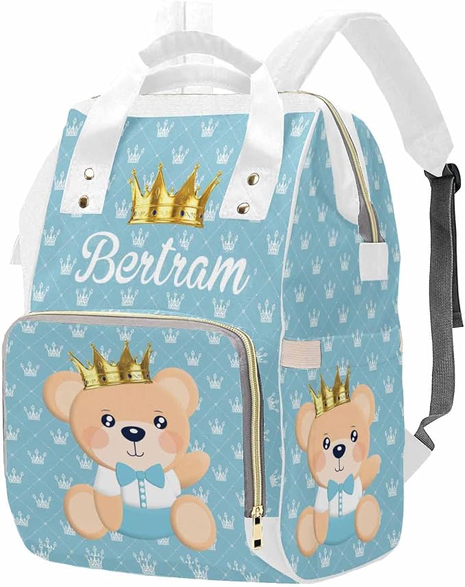 M YESCUSTOM Diaper Bag Custom Name Personalized Crown Diaper Bag with Cartoon Prince Bear Suits for Women Travel Outdoor Use Light Blue