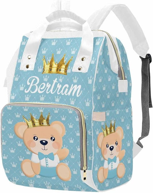 M YESCUSTOM Diaper Bag Custom Name Personalized Crown Diaper Bag with Cartoon Prince Bear Suits for Women Travel Outdoor Use Light Blue