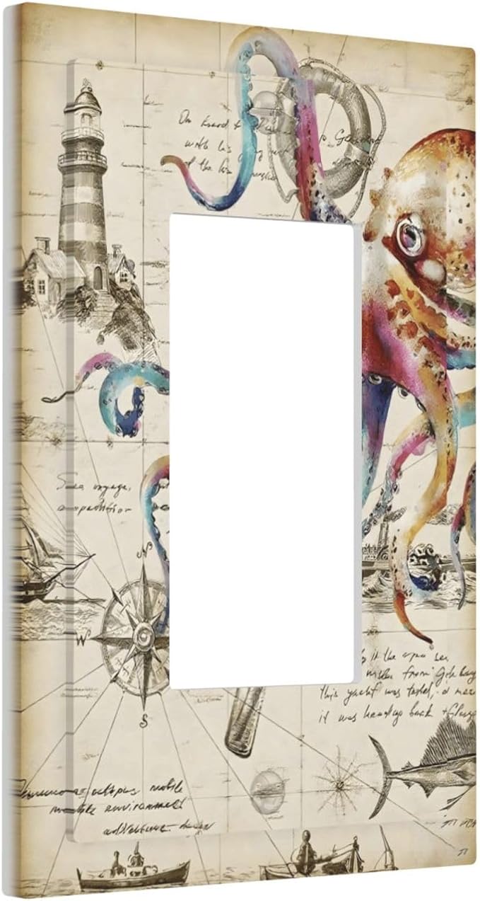 Cool Colorful Nautical Octopus Ocean Kraken Vintage Decorative Outlet Covers 1 Gang Single Rocker Light Switch Cover Plate Wall Plates GFCI Faceplate for Bathroom Farmhouse Decor
