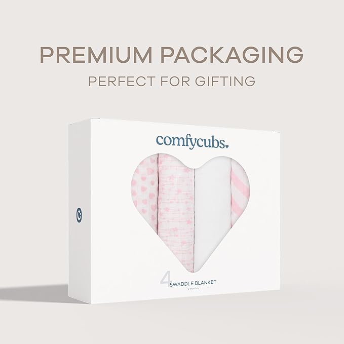 Comfy Cubs Muslin Swaddle Blankets Pack of 4, 47 x 47 Inches, Soft Cotton Baby Blanket Set, Large Multipurpose Swaddling Wraps for Newborns - Self-Soothing Swaddle - Pink