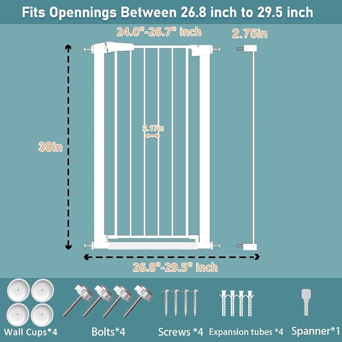 Fairy Baby 24.5"-29.5" Inch Narrow Baby Gate, 38" Extra Tall Small Pet Gate for Doorways, Metal Safety Child Gate Auto Close, Walk Through Dog Gates Pressure Mounted Indoor No Drill, White