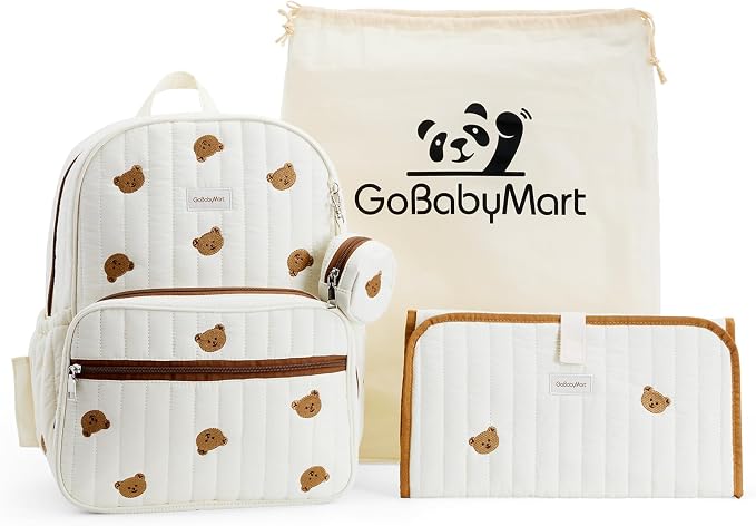 GOBABYMART Large Diaper Bag Backpack with Changing Pad, Insulated Bottle Pockets, Travel & Hospital Bag for Mom & Dad (Small - Beige Bears)