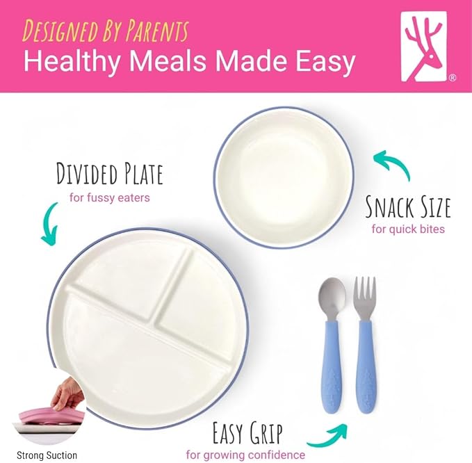 Elk and Friends Kids Porcelain Mealtime Bundle with Suction Sleeves | Plates, Bowls + Toddler Utensils | Silicone Sleeves | For Meals + Snacks | Microwave + Dishwasher Safe