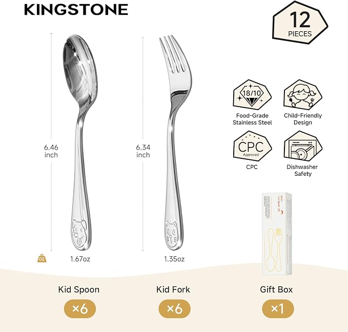 KINGSTONE Kids Silverware Set, 12-Piece Large Forks & Spoons, 18/10 Stainless Steel, Cat & Dog Print, Ergonomic Flatware for Self-Feeding Toddlers, Home & Travel