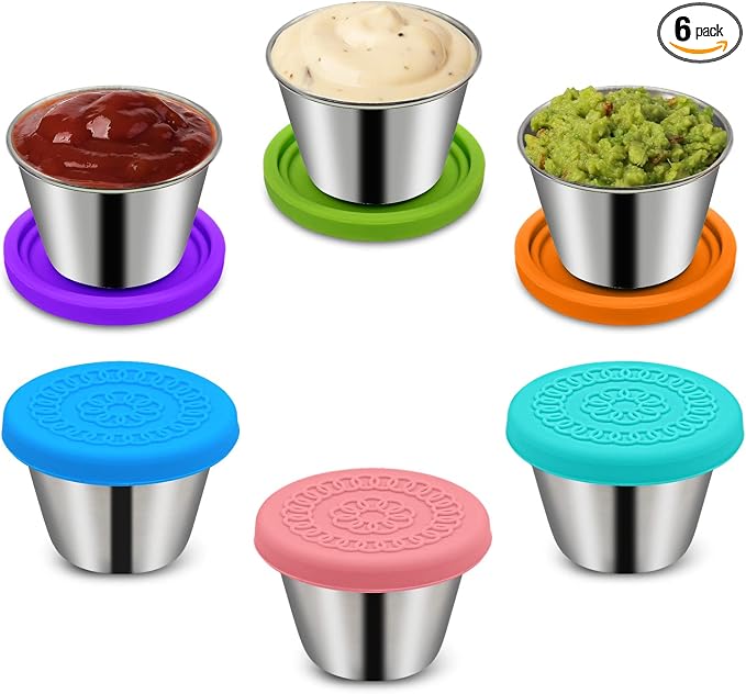 Winceed 6Pack 2.4oz Salad Dressing Container To Go, Small Stainless Steel Condiment Containers with Silicone Lids, Leakproof Reusable Dipping Sauce Cups for Lunch Box