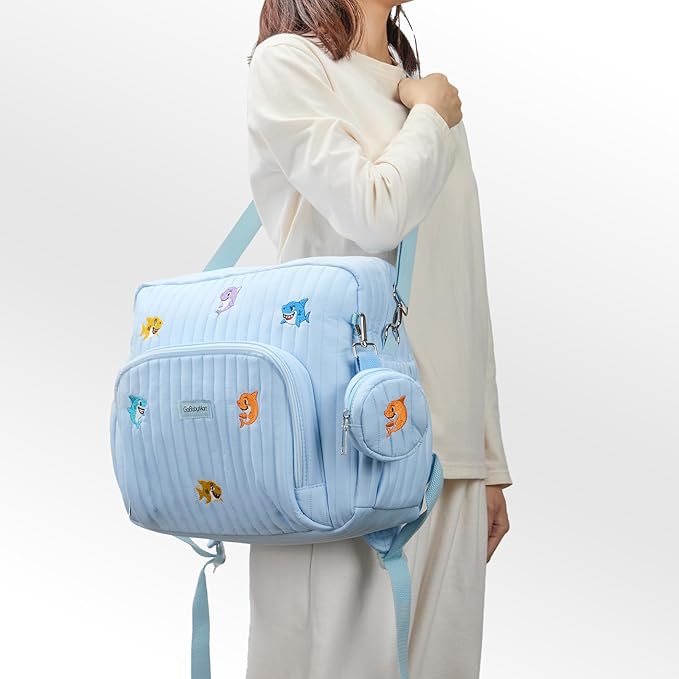 GOBABYMART Diaper Bag Backpack with Changing Pad - Travel Baby Bag, Insulated Bottle Pockets, Stroller Straps (Medium - Blue Sharks)