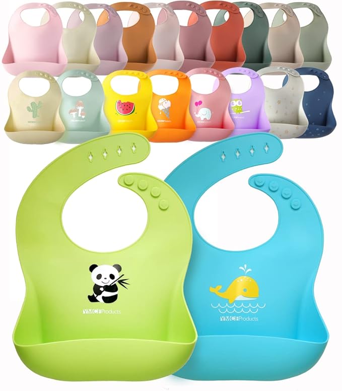 2-Pack Waterproof Silicone Baby Bib Lightweight Comfortable Easy-Wipe Clean (Green/Blue, Large)