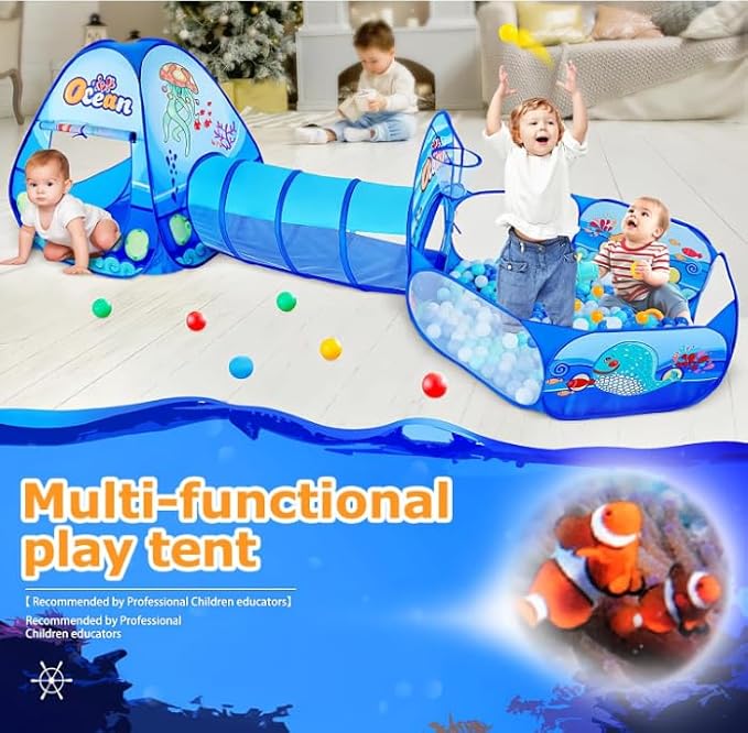 3 in 1 Kids Play Tent with Play Tunnel, Ball Pit, Toddler Pop Up Playhouse Toy for Baby Indoor Outdoor
