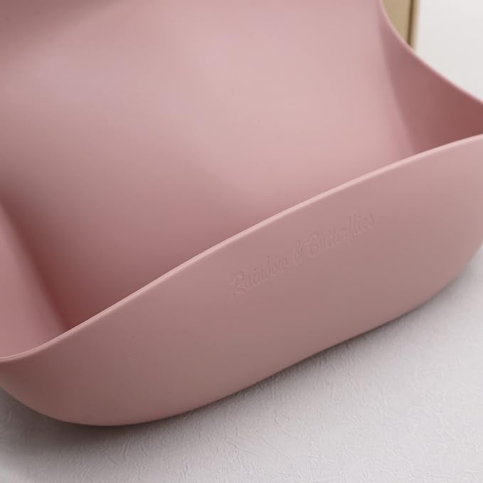 Rainbow & Butterflies |7 Piece| Silicone Baby Feeding Set – |Bib, Suction Bowl, Training Cup, Sectional Suction Plate & Lid, Spoon & Fork| – Food Grade Silicone, BPA Free (Baby Pink)