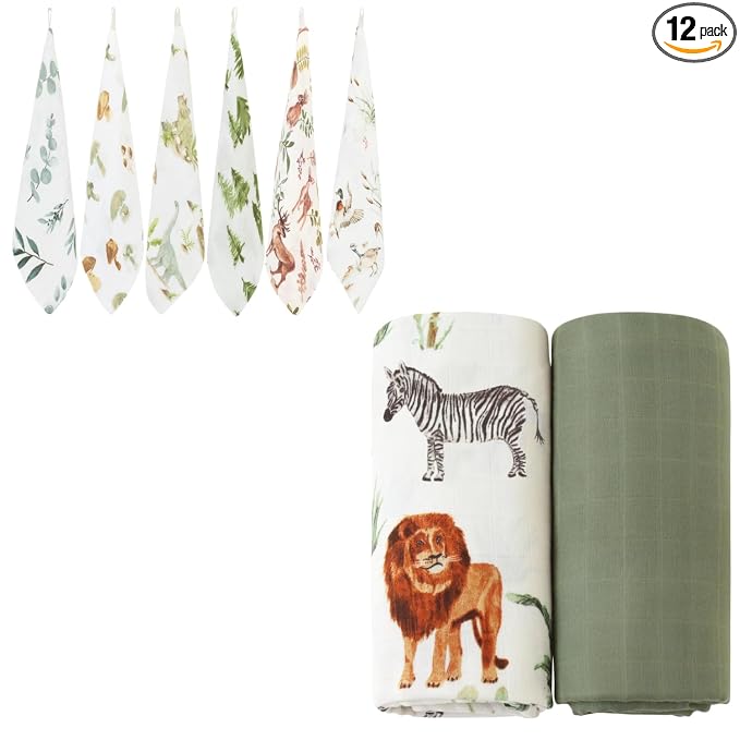 LifeTree Muslin Swaddle Blankets Neutral, Baby Washcloths Safari Animals Swaddling Wrap Nursery Receiving Blanket for Boys & Girls