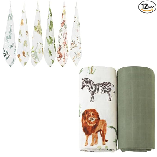 LifeTree Muslin Swaddle Blankets Neutral, Baby Washcloths Safari Animals Swaddling Wrap Nursery Receiving Blanket for Boys & Girls