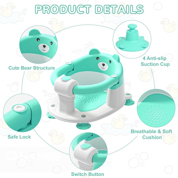 Baby Bath Seat for Babies 5-10 Months, Non-Slip Toddler Bath Seats for Babies Sitting Up, Safe Infant & Newborn Bathtub Chair with 4 Suction Cups & Soft Cushion for Shower,Mint