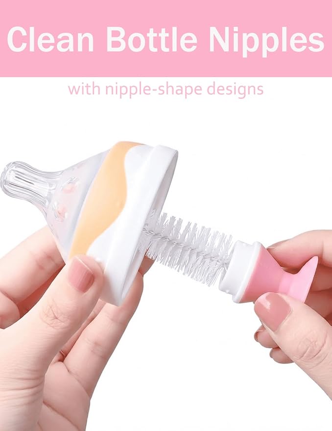 5 in 1 Baby Bottle Brush Set, Bottle Cleaner, 2Pcs Bottle Brush with Stand, 2 Hidden Nipple Brush, 2 Straw Brush, 1 Lid Brush, Nylon Bottles Brush Cleaner for Baby Bottle, BPA-Free(Pink)