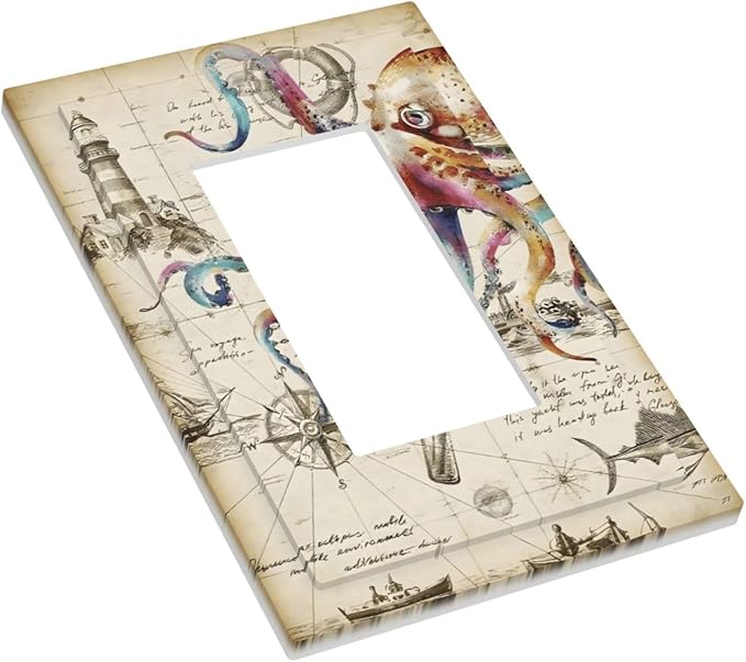 Cool Colorful Nautical Octopus Ocean Kraken Vintage Decorative Outlet Covers 1 Gang Single Rocker Light Switch Cover Plate Wall Plates GFCI Faceplate for Bathroom Farmhouse Decor