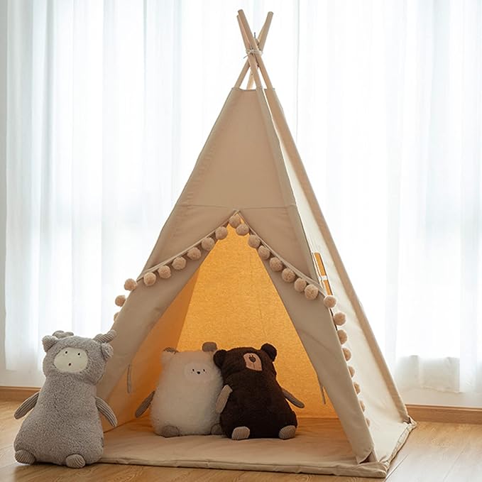 RONGFA Teepee for Kids Tent Indoor with Floor Mat,Carry Bag,Banner,Play Cottage with Star Light, Cotton Canvas Kids Teepee Tent for Girls & Boys, Pompom Ball Design, Foldable Teepee Tent