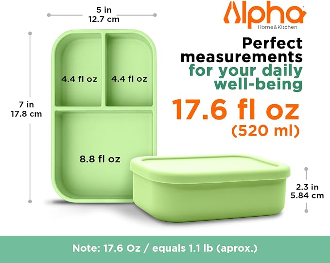 Silicone Bento Box for Kids, 3 Compartment Lunch Box, Small Portions, BPA Free Snack Container, Leak Resistant, Easy to Clean, Dishwasher Safe