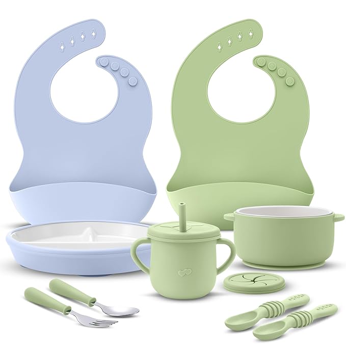 Teenyyou 9 Pcs Porcelain Kids Plates and Bowls Feeding Set with Suction, Ceramic Baby Toddler Divided Plates Silicone Sleeve Bowls Forks Spoons Cup Bib Microwave Dishwasher Safe(Sweets)