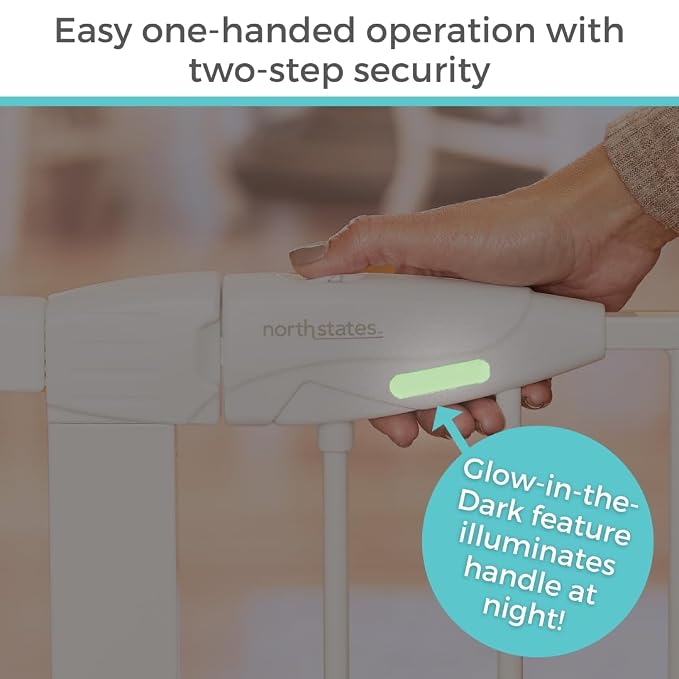 Toddleroo by North States - Extra Wide Bright Choice Baby Gate: Pressure Mounted Baby Gate for Doorways with Glow in the Dark Handle - Adjustable 29.75 to 52 Inches Wide - 30 Inches Tall - White