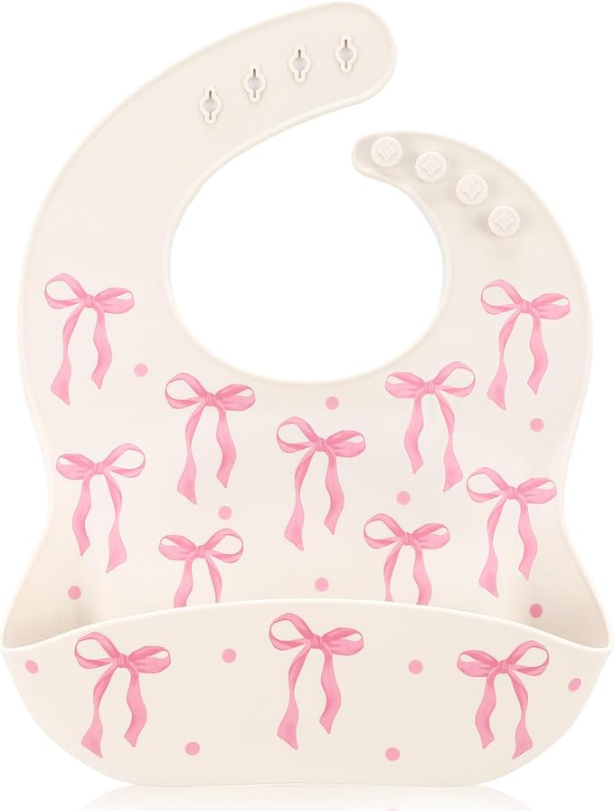 Remerry Pink Bow Silicone Bib for Baby Girls, Pink Waterproof Feeding Bib with Pocket Adjustable Fit for Babies and Toddlers Drooling and Teething