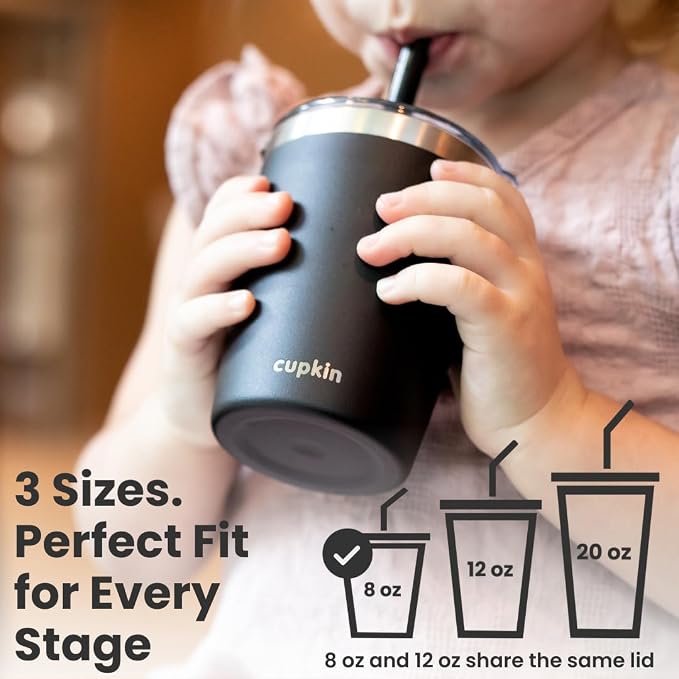 CUPKIN Toddler Straw Cup, The Original 8 oz Stackable Stainless Steel Toddler Cups, Set of 2 Powder Coated Insulated Kids Straw Cups + BPA Free Lids + Reusable Silicone Straws (Brown + Peach)