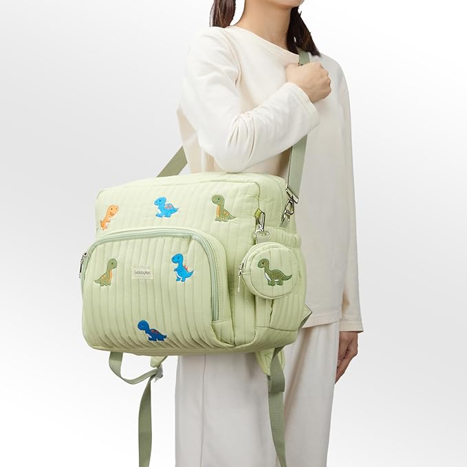 GOBABYMART Diaper Bag Backpack with Changing Pad - Travel Baby Bag, Insulated Bottle Pockets, Stroller Straps (Medium - Green Dinosaurs)