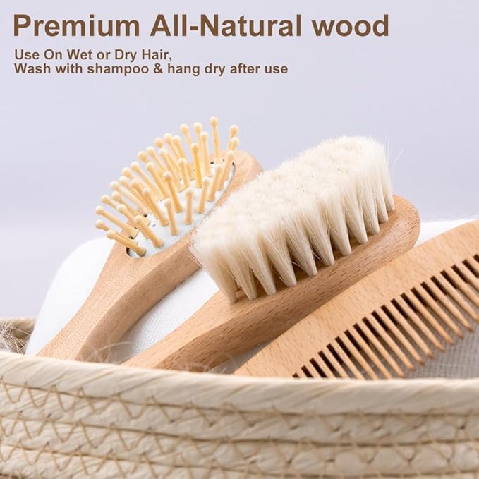 Personalized Wooden Hair Brush Set with Soft Goat Bristles - Perfect for Newborns, Toddlers, and Cradle Cap, Ideal Baby Registry Gift