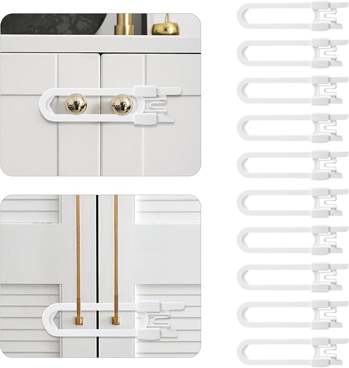 10 Pack Baby Sliding Cabinet Locks - Safeasy Adjustable U Shaped Child Safety Locks,Childproof Latches for Kitchen Bathroom Storage Cupboards Doors, Handles and Knobs (white, 10)