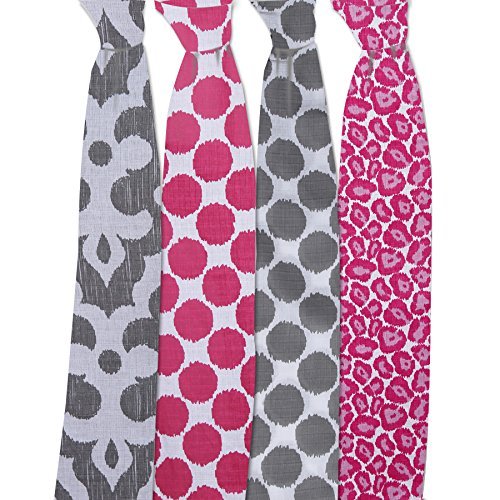 Bacati - 4 Pack Ikat Baby Swaddle Blanket Girls Swaddle Wrap Soft Breathable Cotton Muslin Swaddle Blankets Receiving Blanket for Girls, Large 45 x 45 inches (Dots/Leopard Pink/Grey)