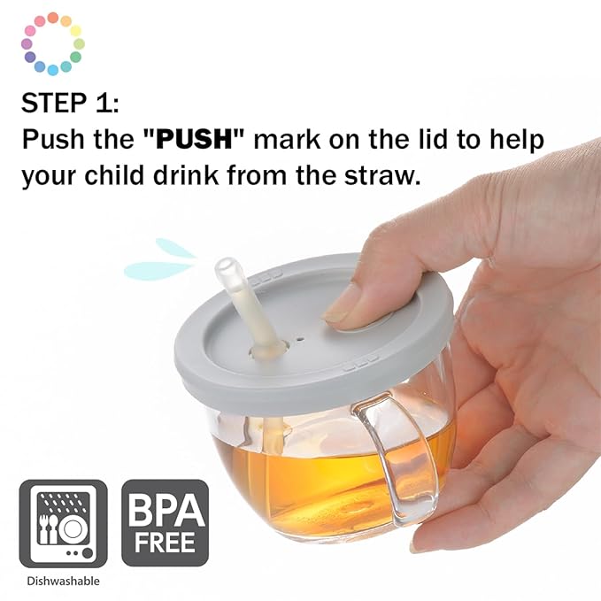 Push Flow Training Sippy Cup with Silicone Straw and Handles, 5 oz, for baby 6 month+ Light Gray